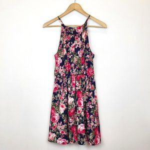 Blue Rain Navy Blue Pink Floral Halterneck Mini Dress, Lined, Size Small, EUC